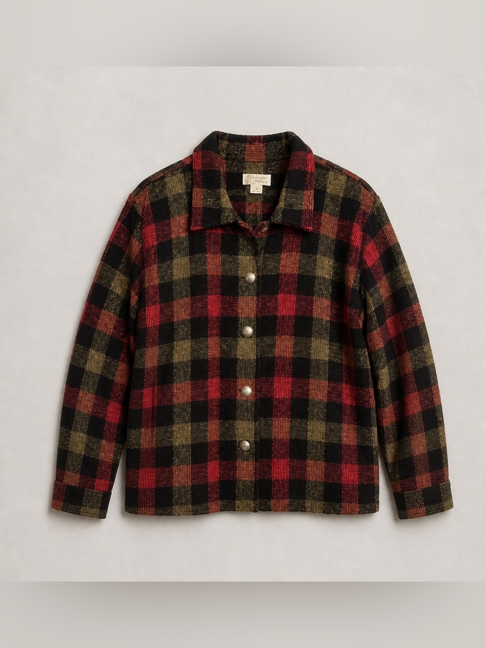 Women’s Plaid Button-Front Shacket Jacket in Red and Olive M